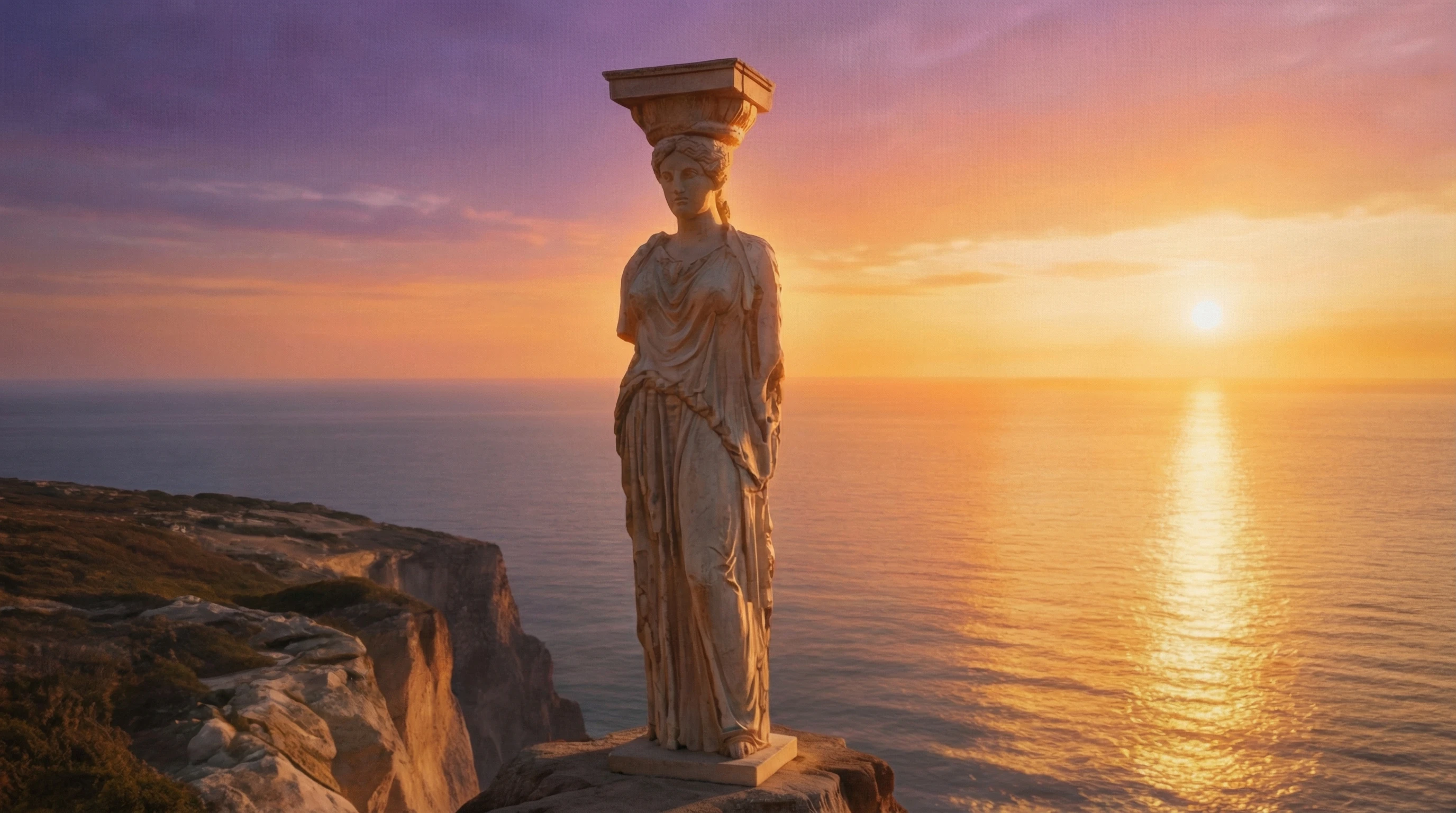 Ancient Greek Caryatid statue in sunset light — ZAMNA x PRIMER 2026